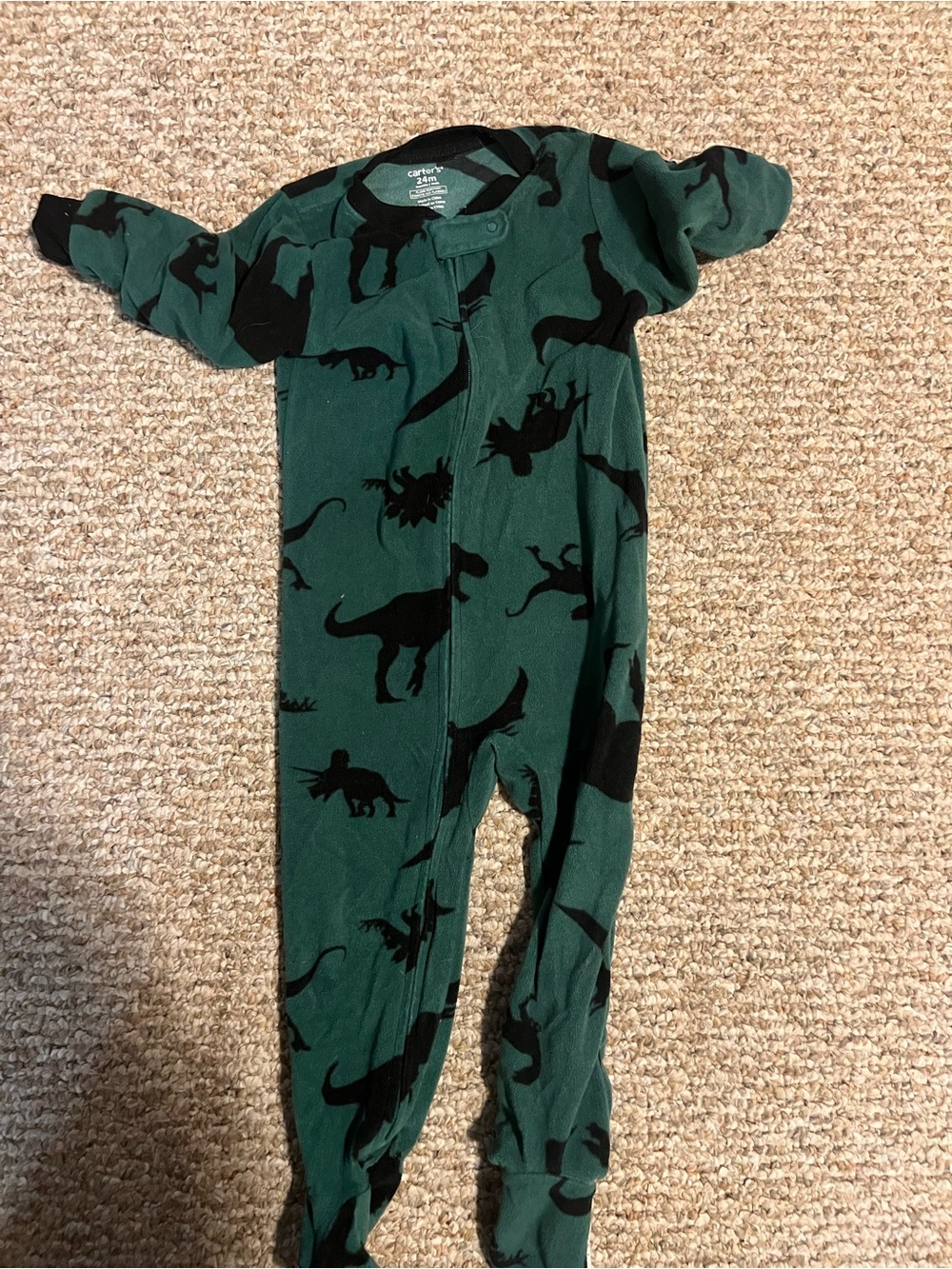 Carter's Green Footed Pajamas with Black Dinosaur Print